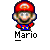 Pixelated character with red cap, blue overalls, and yellow buttons; white mustache; gray background; text 'Mario' below.