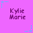 Purple background with repeated 'Kylie Marie' text and cyan star-shaped pixel art elements in corners and center.
