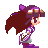 Pixel art contact sheet showing four sequential frames of a female character with long brown hair, purple headband, and striped outfit in various walking poses against gray background.