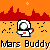 Pixel art of a cartoon astronaut in white and gray suit with red accents, standing on an orange terrain under an orange sky with red cityscape silhouette.