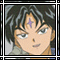 Anime-style character with dark hair and purple star on forehead, shown in multiple views with text overlays