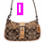 Brown patterned handbag with tan buckle and straps, overlaid with colored text blocks in pink, red, purple, green.