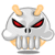 Pixelated devil icon with white skull-like face, red eyes, two light brown horns, and striped lower body on gray background.