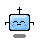 Pixelated blue square character with black outline, cross on top, arms outstretched, two expressions shown side-by-side.