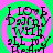 A static image with a green and pink spiral background displaying the text "I LOVE DANNY WILL ALL MY HEART" in black pixelated letters.
