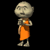 Animated sequence of a cartoon character in an orange robe with changing hand positions and facial expressions against black background.