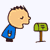 Pixelated cartoon character in blue shirt performs multiple actions including bowing, shouting, pointing, and holding objects against white background.