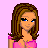 Pixel art contact sheet showing four frames of an animated buddy icon with a cartoon woman in pink attire and friendship-themed text on a light purple background.