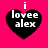 Four identical black heart-shaped icons with white text "i lovee alex" on a bright pink background, arranged in a