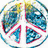 Animated peace symbol with blue and yellow mosaic pattern, surrounded by blue smiley faces with one yellow smiley face in center.