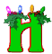 Green letter H with red outline, decorated with holly and colored lights; animation cycles through light colors.