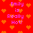 Red background with orange pixelated hearts and repeated purple text "Emily is Really Hot!" in four quadrants.