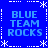 Blue background with white dashed lines and star shapes forming a border, four identical text blocks reading "BLUE TEAM ROCKS" in light blue pixelated font.