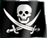 Black background with white skull and crossed swords; subtle animation shows slight movement in sword blades.