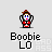 Pixel art character in red outfit with brown hair, blue eyes, and pink mouth, shown in multiple poses with 'Boobie LO' text below.