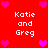 Red background with repeated 'Katie and Greg' text and pink heart icons arranged in a pattern