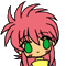 Pixel art contact sheet showing two frames of a pink-haired anime-style character with green eyes, yellow top, and closed-eye expression on gray background.