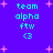 Pixelated text 'team alpha ftw <3' on a purple background with pink starbursts, displayed in a of four identical static