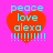 Four identical pixelated heart-shaped icons with cyan text 'peace love alexa' and exclamation marks on a bright pink background.