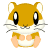 Pixelated hamster icon with orange-brown fur, white chest and ears, pink paws, gray whiskers, black eyes in one view, closed eyes in another.