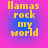 Yellow pixelated text "llamas rock my world" on a blue-to-pink gradient background with four identical circular frames.