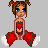 Pixel art character with pigtails wearing strawberry-themed outfit and white wings, surrounded by red text on gray background.