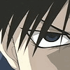 Anime-style character face with black spiky hair and blue eyes, showing eye sparkle animation