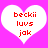 Two identical white heart shapes on a bright pink background, each containing red pixelated text reading 'beckii', 'luvs', and 'jok' in three lines.