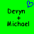 Green background with black text 'Devyn + Michael' and a blue pixelated heart symbol above the names.