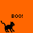Pixelated black cat silhouette on orange background with 'BOO!' text, positioned above and to the right of a gray rectangle in three views.