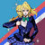 Pixelated character with blonde hair in a blue and white outfit holding a glowing sword against a blue background.