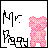 Pixelated icon with black text 'Mr.' and 'Piggy' on white background, pink pixel-art pig figure to the right.