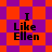 Pixelated text "I Like Ellen" on a background of shifting orange and purple geometric shapes.