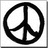 Black peace symbol on white background, red heart with two eyes on purple background, yellow smiley face on white background.