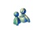 Pixelated green and blue figures in various poses with one figure emitting a blue-green burst effect, all on gray background.