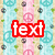 Pixelated image with repeating pattern of peace signs and small dark circles on alternating light blue and beige vertical stripes, overlaid with six colored text blocks.