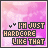 A 4x3 contact sheet of a pixel art animation featuring the text "I'M JUST HARDCORE LIKE THAT" with small heart icons, displayed on a pink watercolor background across all frames.