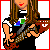 A 5x5 contact sheet of pixel art frames showing a cartoon woman with long brown hair playing an electric guitar, arranged left-to-right and top-to-bottom in chronological order.