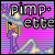 Pixel art buddy icon featuring a blonde character in purple attire holding a wand, with 'pimpette' text over pink and blue striped background.