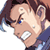 Pixelated close-up of a character's face with dark hair, blue eyes, and visible teeth in a cartoon style.