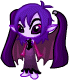 Pixelated character with purple hair, bat wings, and dark dress in four pose variations showing open eyes and closed eyes.