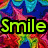 A static image with four distinct sections: top-left features a colorful abstract background with green 'Smile' text, top-right has pink polka dots and purple 'Laugh', bottom-left shows vertical stripes with brown 'Love', and bottom-right is solid gray.