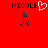 Red background with black text 'NICOLE' and 'JB', an ampersand, and a white pixelated heart symbol replacing the letter O in NICOLE.
