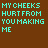 Brown background with repeated cyan text 'MY CHEEKS HURT FROM YOU MAKING ME' and pink 'Smile' overlays in a pattern