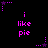 Pixelated purple text and star shapes on a black background, with repeated 'i like pie' phrases