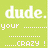Pixelated green background with white text reading 'dude. your ................. .......CRAZY !' in a retro digital style.