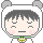 Two side-by-side pixel art frames of a cartoon character with closed eyes, pink cheeks, and gray hair inside a white helmet-like shape on a gray background.