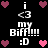 Pixel art icon with black background, white text, and pink hearts, displaying 'my Biff!!!!' and ':D' with heart symbols and 'i <3' elements.