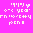 Pixelated pink background with white text reading 'happy one year anniversary josh!!!!' and two distinct heart symbols in the top