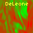 Pixelated yellow text 'DeLeone' appears in three positions over a red and green abstract background with visible pixelation.